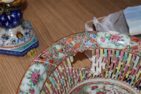 A Chinese famille rose basket and stand and a blue and white bowl, both a.f.